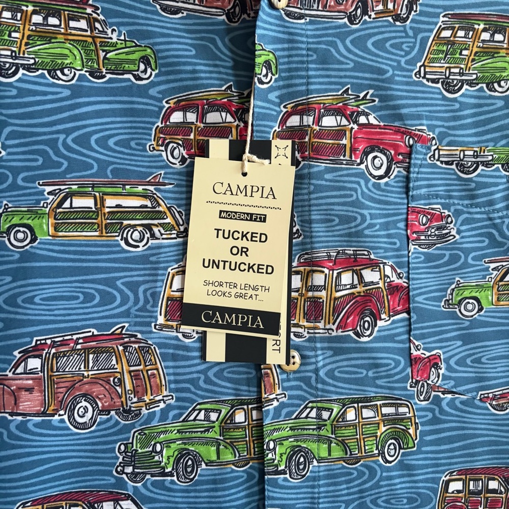 Campia Moda Men’s NEWShort Sleeve Button-Up Shirt Blue Retro Car Print Size L - Picture 8 of 14